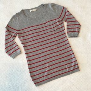 Forever21 3/4 Sleeve Gray w/Red Stripes Pocket Tee